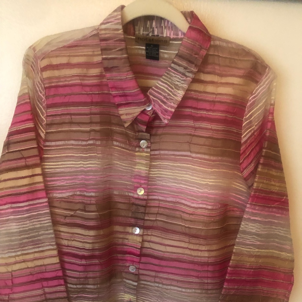 Exposition Ladies apparel sheer striped shades of pink & taupe blouse